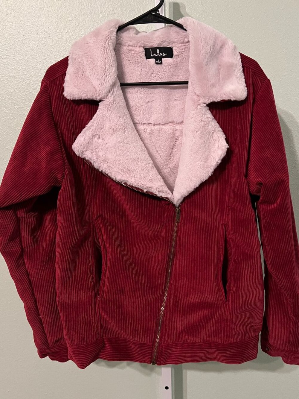 Lulus Deep Magenta Corduroy Asymmetrical Zipped Pink Sherpa-Lined Jacket SZ Sm